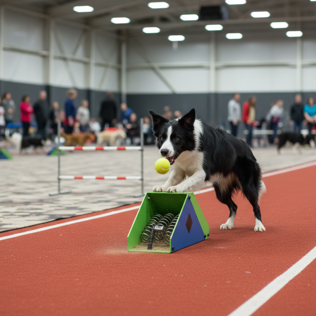 Border collie sprinting in a Flyball competition